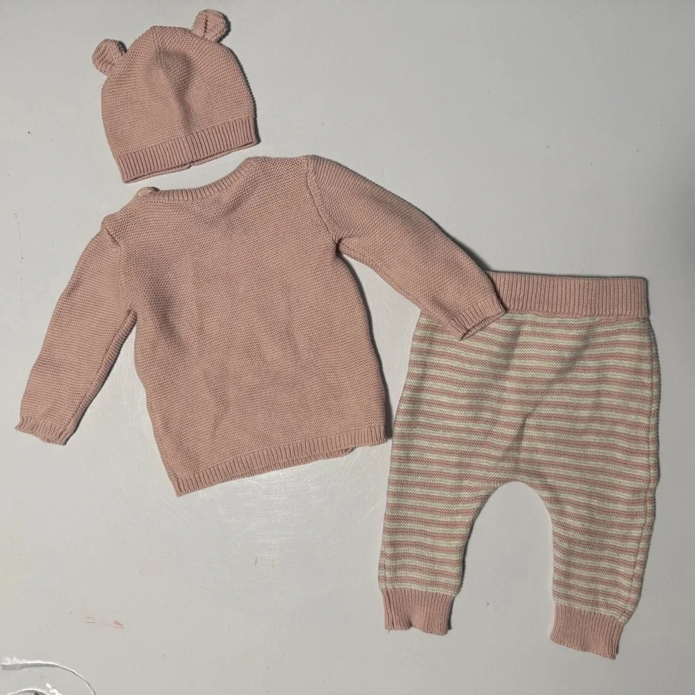 Carters Just One You Pink Knit‎ Bear Sweater Striped Pants Hat 3pc Set 6m